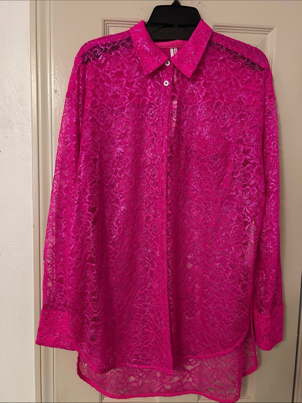 Anthropologie Fuchsia Lace Button-Up Blouse